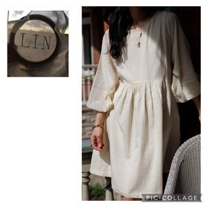 LIN NATURE LINEN OVERSIZED TUNIC DRESS CREME TAB SLEEVES POCKETS MADE IN ITALY